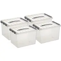 Sunware Set van 4x stuks q-line opberg box/opbergdoos - 22 liter - 40 x 30 x 26 cm - kunststof - opslagbox - transparant/zilver