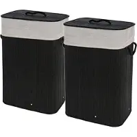 Storage solutions Wasmand - 2x - bamboe hout - met deksel - zwart - 40 x 30 x 60 cm - 70 liter - opvouwbaar