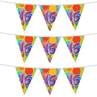 Witbaard 3x stuks leeftijd verjaardag thema vlaggetjes 16 jaar plastic 10 meter - Vlaggenlijnen