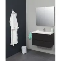 Basic Line Bella Badkamermeubelset - 80x55x46cm - 1 wasbak - Acryl - Wit - 1 kraangat - Spiegelkast zonder verlichting - Melamine Antraciet mat SWGA80MAA1SPK