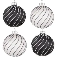 Clayre & Eef Kerstbal Set van 4 Ø 8 cm Zwart Grijs Glas Kerstdecoratie Zwart Kerstdecoratie