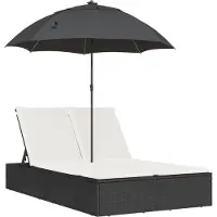 vidaXL Ligbed 2-persoons met kussens en parasol poly rattan zwart