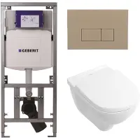 Villeroy & Boch O.novo Toiletset Geberit inbouwreservoir - diepspoel wandcloset - softclose bedieningsplaat bedieningsplaat taupe rechthoekige knoppen - wit 0701131/0124124/0124182/SW1102379