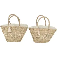J-Line Beach Bag Bonjour/Hello Tassel Jute Natural/White Assortment Of 2