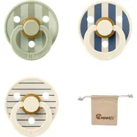BIBS studio fopspenen maat 1 (0-6 maanden) Set 3 fopspenen + speenzakje - Block Steel Blue, Block Sage, Pin Ivory/Steel Blue