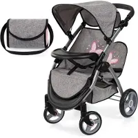 Bayer Tweeling poppenwagen Twin Xeo, dubbele poppenwagen, verstelbare duwstang, tas in jeans-grijs, roze