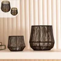 GADGY Waxinelichthouder Rond - Theelichthouders Set van 2 - Sfeerverlichting binnen - Kaarsenhouders voor Waxinelichten - Rattan - Groot 15,5x16 cm - Klein 9x10 cm