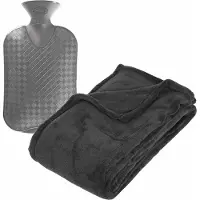 Atmosphera Fleece deken/plaid Donkergrijs 130 x 180 cm en een warmwater kruik 2 liter - Plaids