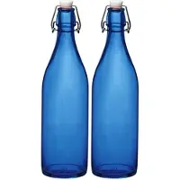 Bormioli Rocco waterfles met beugeldop - Set van 2x stuks - blauw transparant - 1000 ml - Giara home deco fles - weckflessen