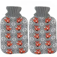 Home & Styling Warmwaterkruik - 2x - 2L - grijs - met hoes - kruik - winter print - vos - bedkruik