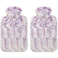 Hugo Frosch Warm water kruik met warme bont hoes - 2x - lila - 1800 ml - hoogpolig pluche - kinderen/volwassenen - cadeau