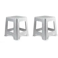 PlasticForte Plasicforte opstapje/krukje - Set van 3x stuks - zilver - rotan kunststof - 32 x 32 x 30 cm - Keuken/kamers/dhz - trapjes - bijzet krukjes