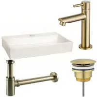 Qeramiq Fuente fonteinset - 38x24cm - 1 kraangat - keramiek - fonteinkraan messing geborsteld - glans wit SW696238/SW696208/SW696218/SW21912