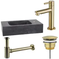 FortiFura Fuente Fonteinset - 40x22x9cm - 1 kraangat - natuursteen - fonteinkraan messing geborsteld - zwart SW696238/SW696208/SW696218/SW533192