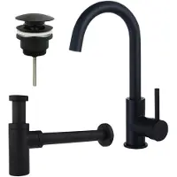 FortiFura Calvi Wastafelkraanset - hoge wastafelkraan - draaibare uitloop - klikwaste plug - design sifon - mat zwart SW809347/SW696199/SW696210