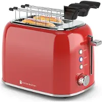 Kitchenbrothers Broodrooster met Tostiklemmen - Toaster - 6 Warmteniveaus - Brede Sleuven - Broodrooster - 870W - Rood