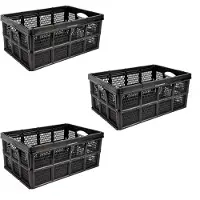 Merkloos Pakket van 3 Inklapbare Kratten - 32 Liter - Zwart Plastic - 48x35x24cm - twee handgrepen aan de zijkant - zonder deksel