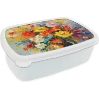 MuchoWow Broodtrommel Wit - Lunchbox Bloemen - Kleurrijk - Olieverf - Bloempot - Brooddoos 18x12x6 cm - Brood lunch box - Broodtrommels voor kinderen en volwassenen