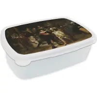 MuchoWow Broodtrommel Wit - Lunchbox De Nachtwacht - Kunst - Oude meesters - Rembrandt - Brooddoos 18x12x6 cm - Brood lunch box - Broodtrommels voor kinderen en volwassenen