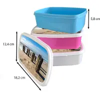 MuchoWow Broodtrommel Blauw - Lunchbox Zand - Strand - Paal - Water - Zomer - Brooddoos 18x12x6 cm - Brood lunch box - Broodtrommels voor kinderen en volwassenen