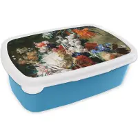 MuchoWow Broodtrommel Blauw - Lunchbox Kunst - Oude meesters - Boeket bloemen in een urn - Brooddoos 18x12x6 cm - Brood lunch box - Broodtrommels voor kinderen en volwassenen