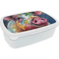 MuchoWow Broodtrommel Wit - Lunchbox Varken - Olieverf - Dieren - Kunst - Brooddoos 18x12x6 cm - Brood lunch box - Broodtrommels voor kinderen en volwassenen