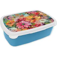 MuchoWow Broodtrommel Blauw - Lunchbox Bloemen - Kleurrijk - Kunst - Olieverf - Brooddoos 18x12x6 cm - Brood lunch box - Broodtrommels voor kinderen en volwassenen