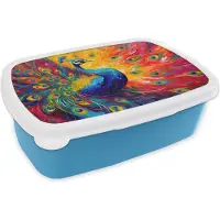 MuchoWow Broodtrommel Blauw - Lunchbox Pauw - Kunst - Schilderij - Pauwenveren - Brooddoos 18x12x6 cm - Brood lunch box - Broodtrommels voor kinderen en volwassenen