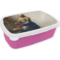 MuchoWow Broodtrommel Roze - Lunchbox Het melkmeisje - Kunst - Oude meesters - Vermeer - Brooddoos 18x12x6 cm - Brood lunch box - Broodtrommels voor kinderen en volwassenen