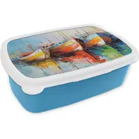 MuchoWow Broodtrommel Blauw - Lunchbox Boten - Kunst - Kleuren - Schilderij - Brooddoos 18x12x6 cm - Brood lunch box - Broodtrommels voor kinderen en volwassenen