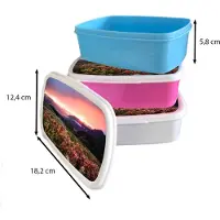 MuchoWow Broodtrommel Wit - Lunchbox Bloemen - Bergen - Landschap - Nacht - Lucht - Roze - Brooddoos 18x12x6 cm - Brood lunch box - Broodtrommels voor kinderen en volwassenen