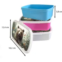 MuchoWow Broodtrommel Wit - Lunchbox Bruine beer - Wilde dieren - Bloemen - Planten - Brooddoos 18x12x6 cm - Brood lunch box - Broodtrommels voor kinderen en volwassenen