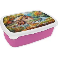 MuchoWow Broodtrommel Roze - Lunchbox Landschap - Schilderij - Huis - Kunst - Herfst - Brooddoos 18x12x6 cm - Brood lunch box - Broodtrommels voor kinderen en volwassenen