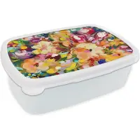 MuchoWow Broodtrommel Wit - Lunchbox Schilderij - Olieverf - Bloemen - Regenboog - Brooddoos 18x12x6 cm - Brood lunch box - Broodtrommels voor kinderen en volwassenen