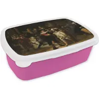 MuchoWow Broodtrommel Roze - Lunchbox De Nachtwacht - Kunst - Oude meesters - Rembrandt - Brooddoos 18x12x6 cm - Brood lunch box - Broodtrommels voor kinderen en volwassenen