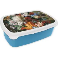 MuchoWow Broodtrommel Blauw - Lunchbox Kunst - Oude meesters - Boeket bloemen in een urn - Brooddoos 18x12x6 cm - Brood lunch box - Broodtrommels voor kinderen en volwassenen