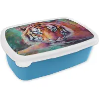 MuchoWow Broodtrommel Blauw - Lunchbox Tijger - Olieverf - Dieren - Kunst - Brooddoos 18x12x6 cm - Brood lunch box - Broodtrommels voor kinderen en volwassenen