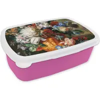 MuchoWow Broodtrommel Roze - Lunchbox Kunst - Oude meesters - Boeket bloemen in een urn - Brooddoos 18x12x6 cm - Brood lunch box - Broodtrommels voor kinderen en volwassenen