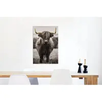 MuchoWow Wanddecoratie Metaal - Aluminium Schilderij Industrieel - Schotse hooglander - Zwart - wit - Goud - 40x60 cm - Dibond - Foto op aluminium - Industriële muurdecoratie - Voor de woonkamer/slaapkamer