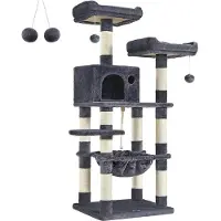 Bobbel Home FEANDREA - krabpaal - 143 cm - stabiele krabpaal met kattenhuis - rookgrijs