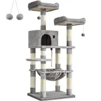 Bobbel Home FEANDREA - krabpaal - 143 cm - stabiele krabpaal met kattenhuis - Lichtgrijs