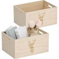 Zeller Opberg box/kist - 2x - naturel - hout - gestempeld hertenmotief - 35 x 25 x 18 cm - speelgoed opbergen