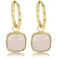 My Bendel - Oorbel Goudkleurig Rose Quartz 38mm - Stralende Goudkleurige Oorring met Majestueuze Rose Quartz - met Luxe Cadeauverpakking | Sieraden Voor Dames