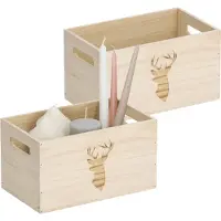 Zeller Opberg box/kist - 2x - naturel - hout - gestempeld hertenmotief - 25 x 15 x 14 cm - speelgoed opbergen