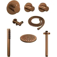 Brauer Copper Edition thermostatische inbouw regendouche SET 05 met 20 cm douchekop en plafondarm en staaf handdouche en doucheslang en wandaansluitbocht koper geborsteld PVD