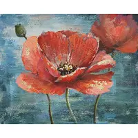 Karo-art Schilderij - Handgeschilderd - Klaprozen, olieverf, 80x80cm.