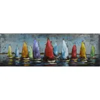 Karo-art Schilderij - Metaalschilderij - Zeilboten met gekleurde zeilen. 30x90cm. 3D