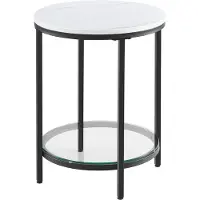 Hoppa! Bijzettafel – 2-lagen houtspaanplaat & gehard glas – modern wit marmereffect – zwart frame