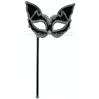 Bristol Novelty Venetiaans katten oogmasker op stokje - Verkleedmaskers