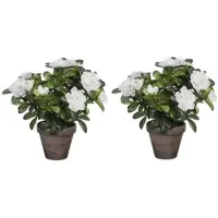 Mica Decorations 2x groene Azalea kunstplanten met witte bloemen 27 cm met pot stan grey - Kunstplanten
